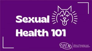 Sexual Health 101 on purple background with white husky outline.